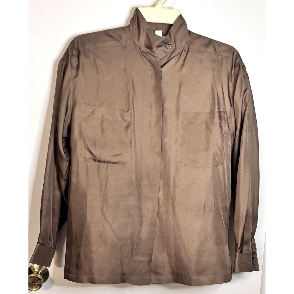 100% Silk Brown Utility Blouse Women’s Size 12 Long Sleeve Minimalist